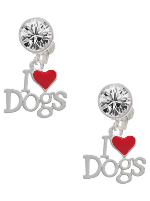Silver Plated I love Dogs with Red Heart - Crystal Clip on Earrings: Color Choice - Red, Green, Blue, Purple, Pink, Clear, Black