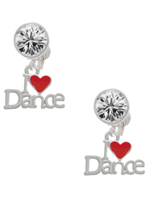 Silver Plated I love Dance with Red Heart - Crystal Clip on Earrings: Color Choice - Red, Green, Blue, Purple, Pink, Clear, Black