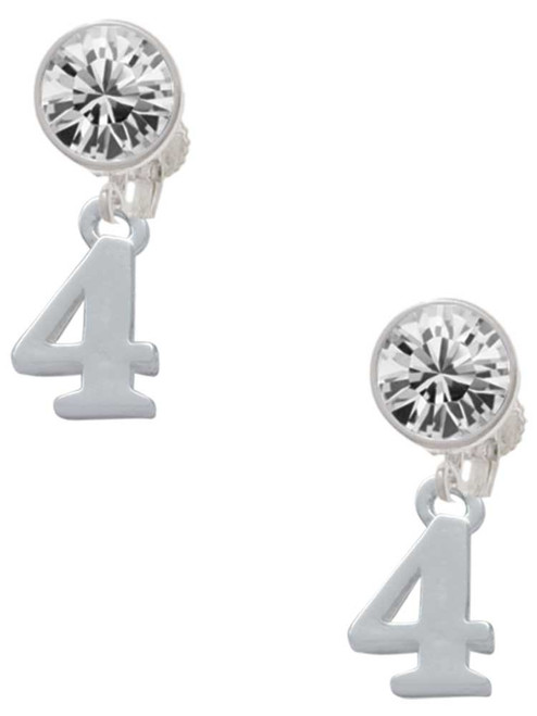 Silver Plated Number - 4 - Crystal Clip on Earrings: Color Choice - Red, Green, Blue, Purple, Pink, Clear, Black