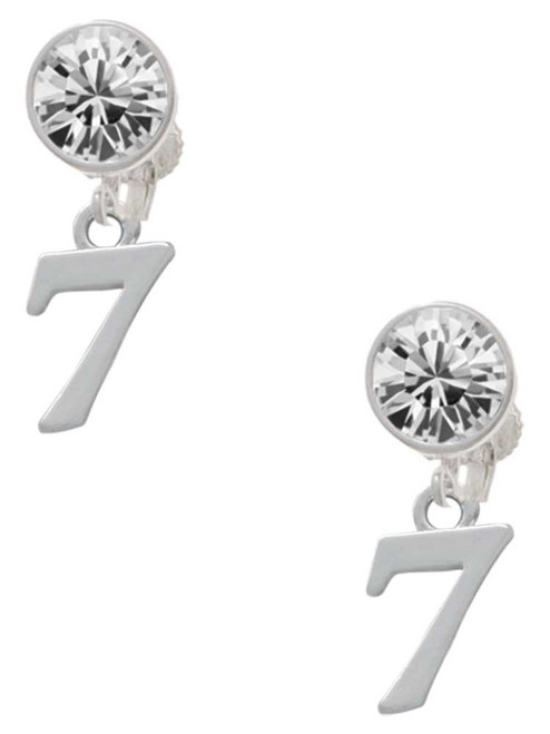 Silver Plated Number - 7 - Crystal Clip on Earrings: Color Choice - Red, Green, Blue, Purple, Pink, Clear, Black