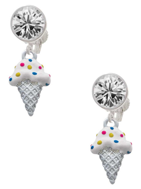 Silver Plated 2-D Vanilla Ice Cream Cone with Sprinkles - Crystal Clip on Earrings: Color Choice - Red, Green, Blue, Purple, Pink, Clear, Black