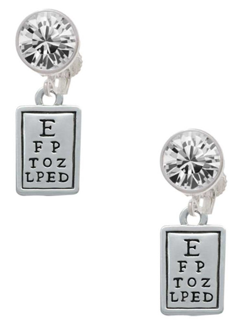 Silver Plated Eye Chart - Crystal Clip on Earrings: Color Choice - Red, Green, Blue, Purple, Pink, Clear, Black