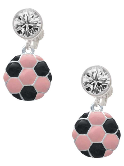 Silver Plated Enamel Pink Soccer ball - Crystal Clip on Earrings: Color Choice - Red, Green, Blue, Purple, Pink, Clear, Black
