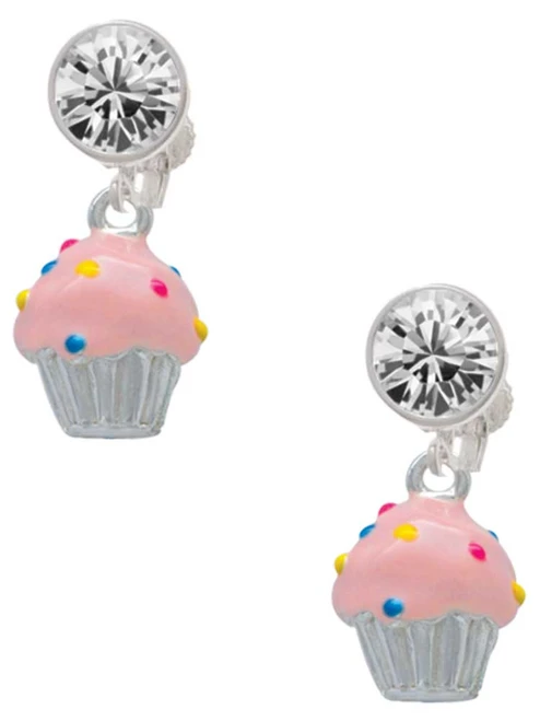 Silver Plated 3-D Pink Cupcake with Sprinkles - Crystal Clip on Earrings: Color Choice - Red, Green, Blue, Purple, Pink, Clear, Black