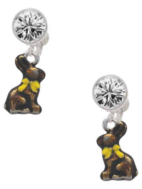 Silver Plated 3-D Chocolate Bunny - Crystal Clip on Earrings: Color Choice - Red, Green, Blue, Purple, Pink, Clear, Black