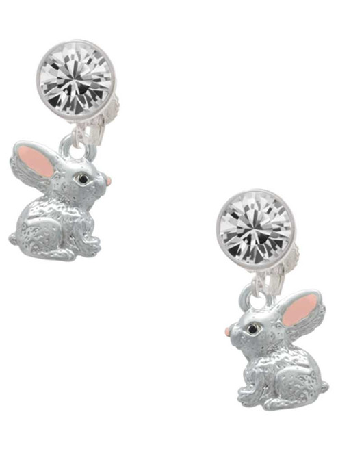 Silver Plated 3-D Bunny - Crystal Clip on Earrings: Color Choice - Red, Green, Blue, Purple, Pink, Clear, Black