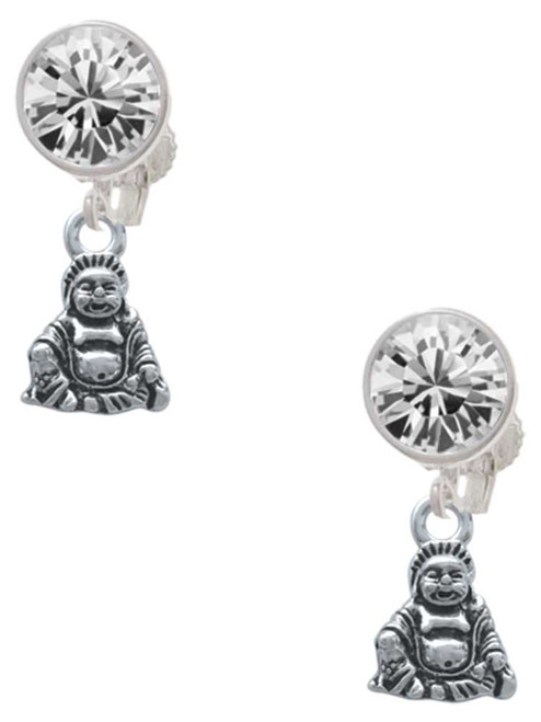 Silver Plated Mini Buddha - Crystal Clip on Earrings: Color Choice - Red, Green, Blue, Purple, Pink, Clear, Black