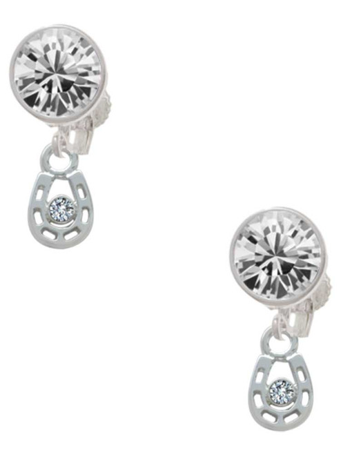 Silver Plated Mini Horseshoe with Clear Crystal - Crystal Clip on Earrings: Color Choice - Red, Green, Blue, Purple, Pink, Clear, Black