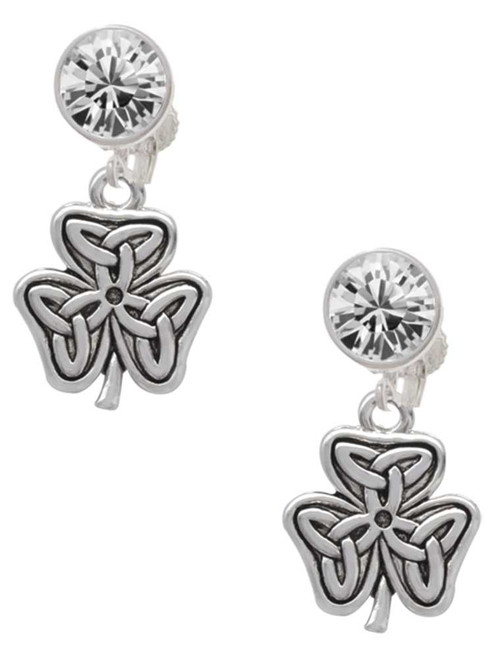 Silver Plated Shamrock with Celtic Knot - Crystal Clip on Earrings: Color Choice - Red, Green, Blue, Purple, Pink, Clear, Black