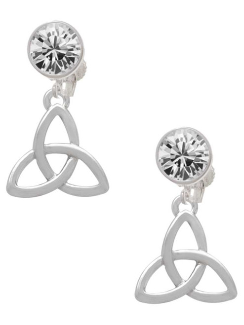 Silver Plated Large Trinity Knot - Crystal Clip on Earrings: Color Choice - Red, Green, Blue, Purple, Pink, Clear, Black