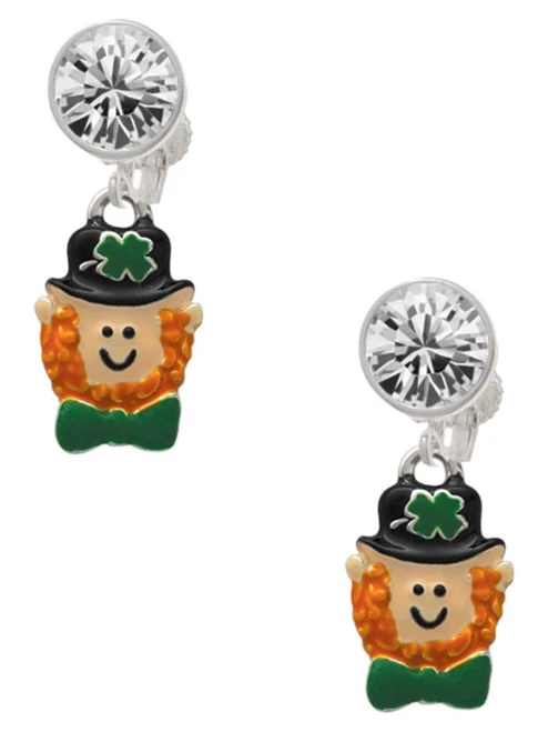 Silver Plated Small Leprechaun with Bow Tie - Crystal Clip on Earrings: Color Choice - Red, Green, Blue, Purple, Pink, Clear, Black