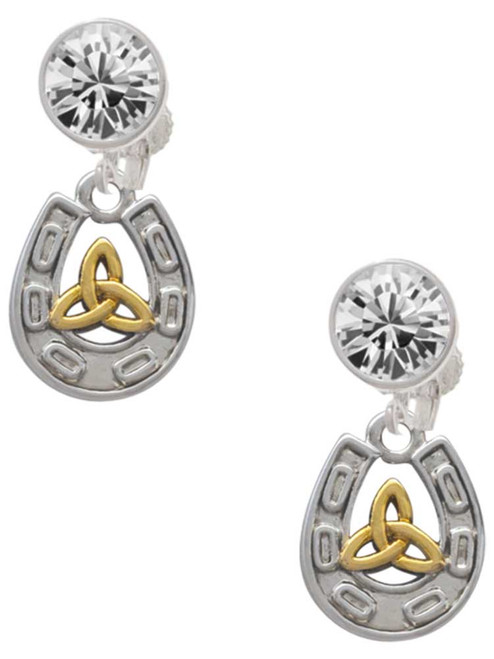 Two-tone Horseshoe with Trinity Knot - Crystal Clip on Earrings: Color Choice - Red, Green, Blue, Purple, Pink, Clear, Black