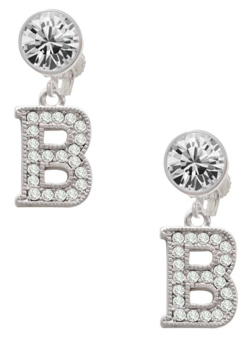 Silver Plated Crystal Initial - B - Crystal Clip on Earrings: Color Choice - Red, Green, Blue, Purple, Pink, Clear, Black