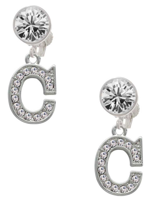 Silver Plated Crystal Initial - C - Crystal Clip on Earrings: Color Choice - Red, Green, Blue, Purple, Pink, Clear, Black