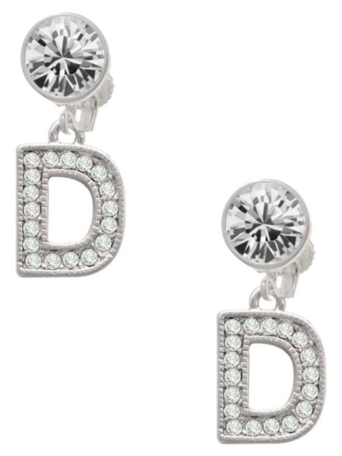 Silver Plated Crystal Initial - D - Crystal Clip on Earrings: Color Choice - Red, Green, Blue, Purple, Pink, Clear, Black