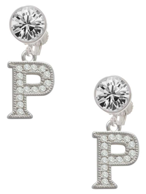 Silver Plated Crystal Initial - P - Crystal Clip on Earrings: Color Choice - Red, Green, Blue, Purple, Pink, Clear, Black