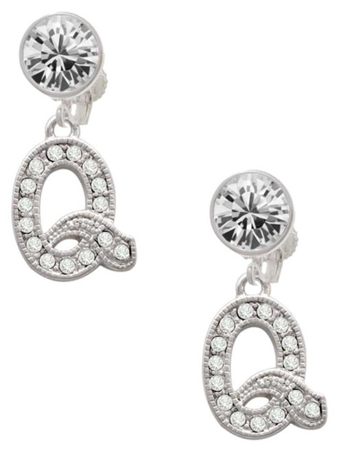 Silver Plated Crystal Initial - Q - Crystal Clip on Earrings: Color Choice - Red, Green, Blue, Purple, Pink, Clear, Black