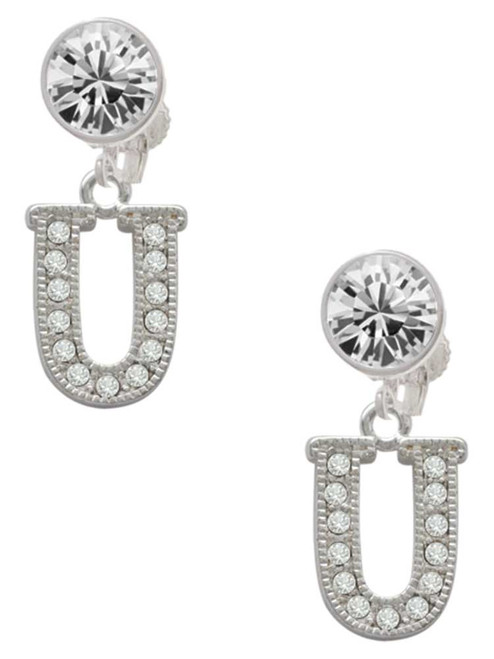 Silver Plated Crystal Initial - U - Crystal Clip on Earrings: Color Choice - Red, Green, Blue, Purple, Pink, Clear, Black