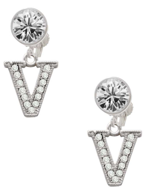 Silver Plated Crystal Initial - V - Crystal Clip on Earrings: Color Choice - Red, Green, Blue, Purple, Pink, Clear, Black