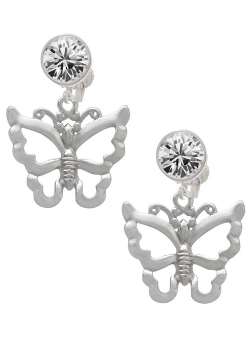 Silver Plated Large Open Butterfly - Crystal Clip on Earrings: Color Choice - Red, Green, Blue, Purple, Pink, Clear, Black