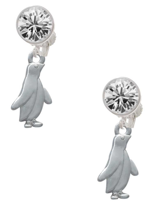 Silver Plated Penguin - Crystal Clip on Earrings: Color Choice - Red, Green, Blue, Purple, Pink, Clear, Black