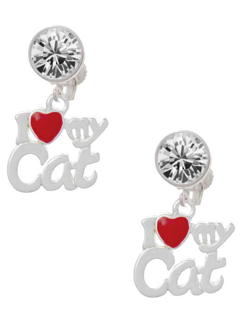 Silver Plated I Heart My Cat - Crystal Clip on Earrings: Color Choice - Red, Green, Blue, Purple, Pink, Clear, Black