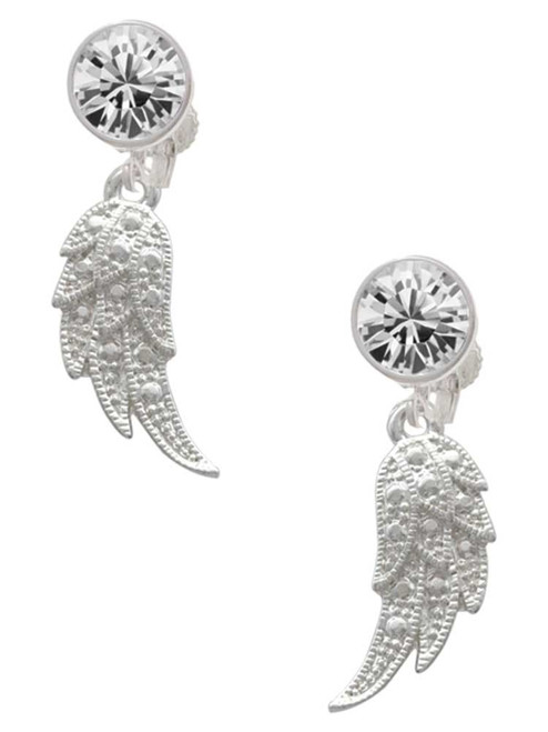 Silver Plated Textured Angel Wing - Crystal Clip on Earrings: Color Choice - Red, Green, Blue, Purple, Pink, Clear, Black
