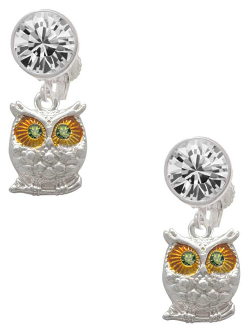 Silver Plated Owl with Lime Green Crystal Eyes - Crystal Clip on Earrings: Color Choice - Red, Green, Blue, Purple, Pink, Clear, Black