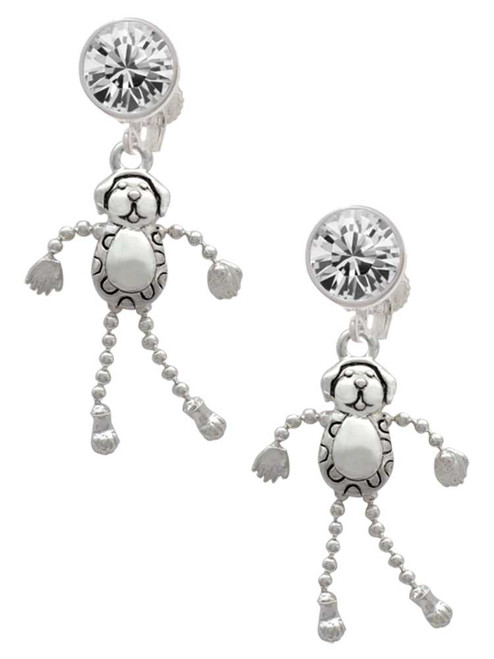 Silver Plated Dog with 4 Dangle legs - Crystal Clip on Earrings: Color Choice - Red, Green, Blue, Purple, Pink, Clear, Black