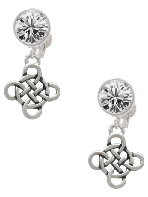 Silver Plated Celtic Knot Cross - Crystal Clip on Earrings: Color Choice - Red, Green, Blue, Purple, Pink, Clear, Black