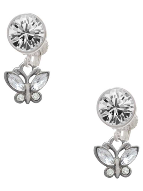 Silver Plated Mini Butterfly with Clear Wings & Crystals - Crystal Clip on Earrings: Color Choice - Red, Green, Blue, Purple, Pink, Clear, Black