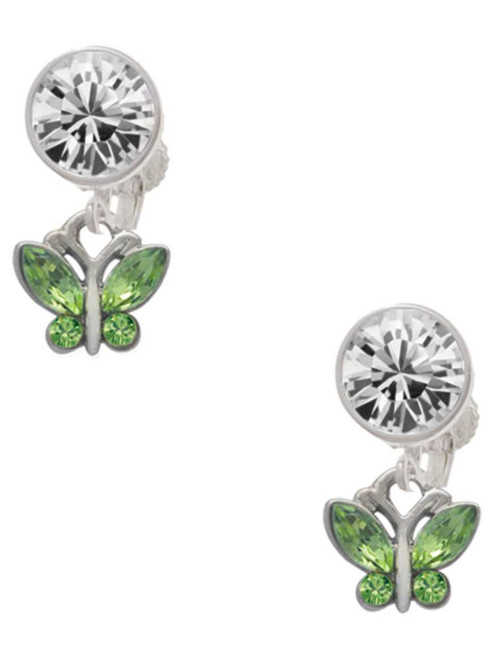 Silver Plated Mini Butterfly with Green Wings & Crystals - Crystal Clip on Earrings: Color Choice - Red, Green, Blue, Purple, Pink, Clear, Black