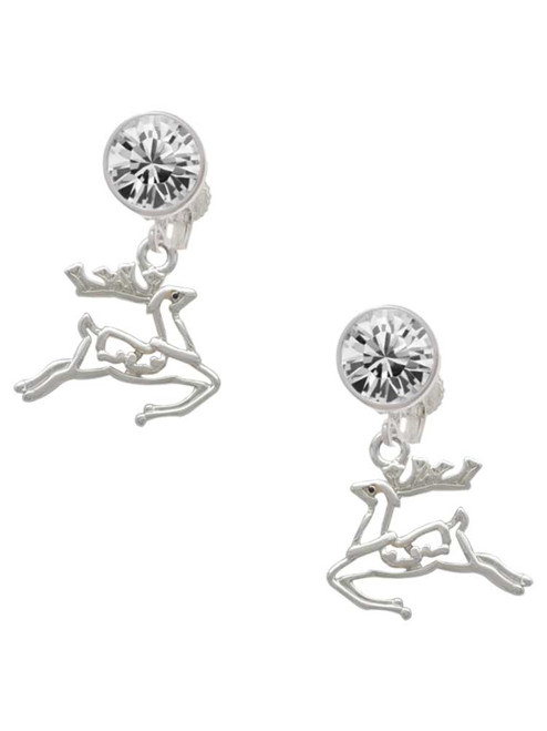 Silver Plated 2-D Reindeer - Crystal Clip on Earrings: Color Choice - Red, Green, Blue, Purple, Pink, Clear, Black