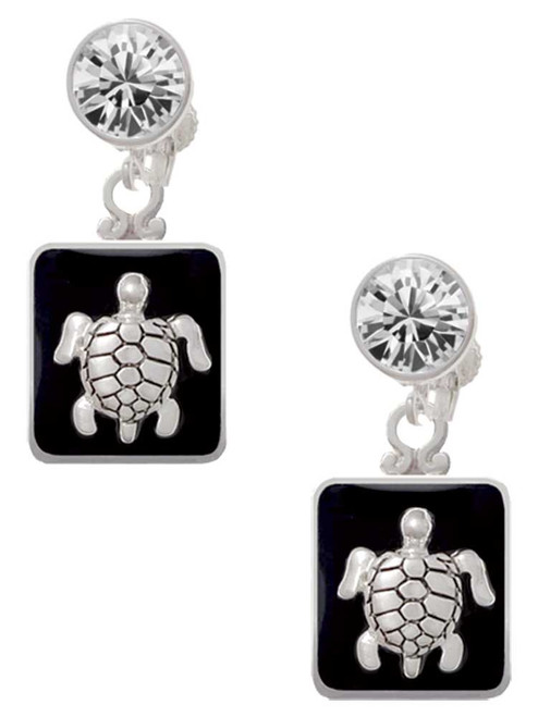 Silver Plated Turtle on Black Frame - Crystal Clip on Earrings: Color Choice - Red, Green, Blue, Purple, Pink, Clear, Black