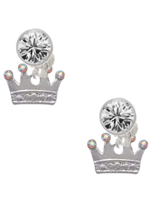 Silver Plated Crown with Crystals and Textured Bottom - Crystal Clip on Earrings: Color Choice - Red, Green, Blue, Purple, Pink, Clear, Black