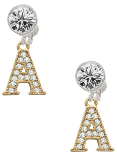 Gold-tone Crystal Initial - A - Crystal Clip on Earrings: Color Choice - Red, Green, Blue, Purple, Pink, Clear, Black