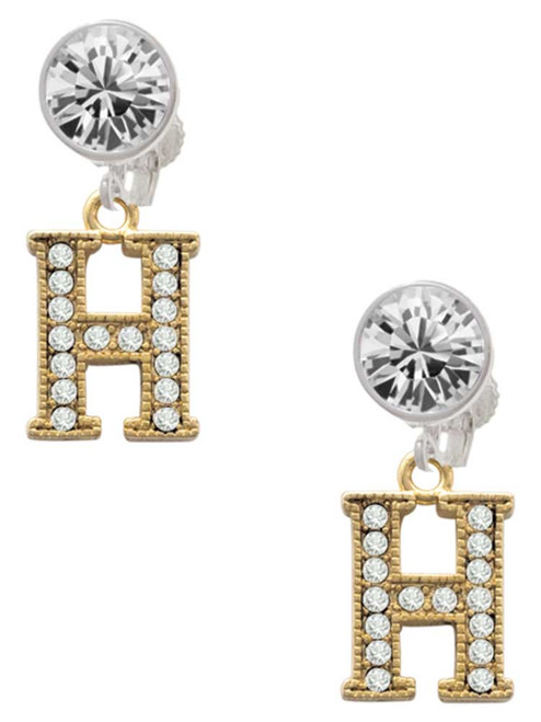 Gold-tone Crystal Initial - H - Crystal Clip on Earrings: Color Choice - Red, Green, Blue, Purple, Pink, Clear, Black