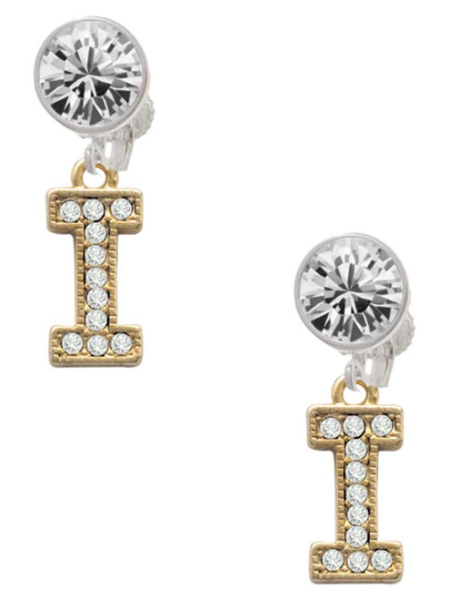 Gold-tone Crystal Initial - I - Crystal Clip on Earrings: Color Choice - Red, Green, Blue, Purple, Pink, Clear, Black