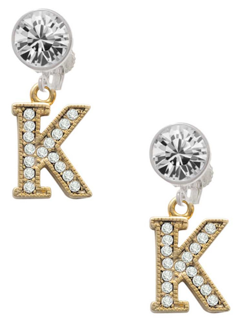 Gold-tone Crystal Initial - K - Crystal Clip on Earrings: Color Choice - Red, Green, Blue, Purple, Pink, Clear, Black