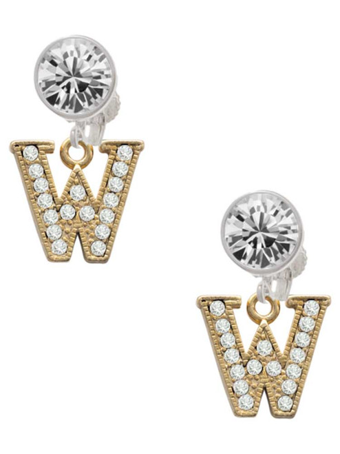 Gold-tone Crystal Initial - W - Crystal Clip on Earrings: Color Choice - Red, Green, Blue, Purple, Pink, Clear, Black