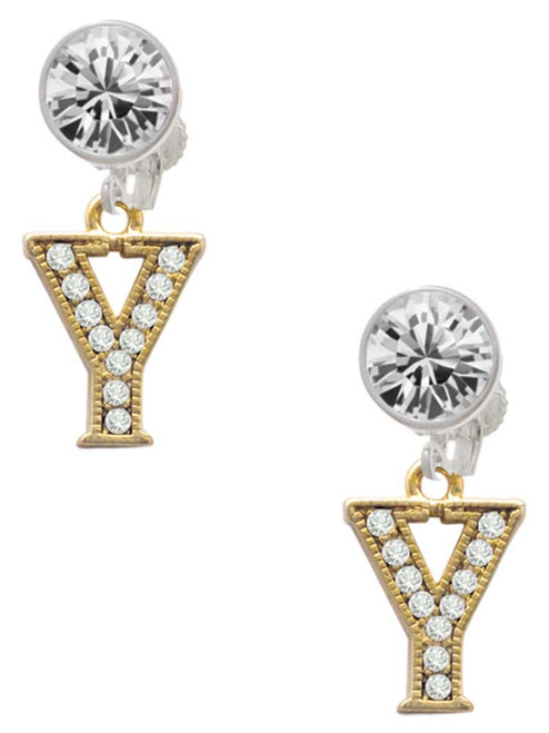 Gold-tone Crystal Initial - Y - Crystal Clip on Earrings: Color Choice - Red, Green, Blue, Purple, Pink, Clear, Black