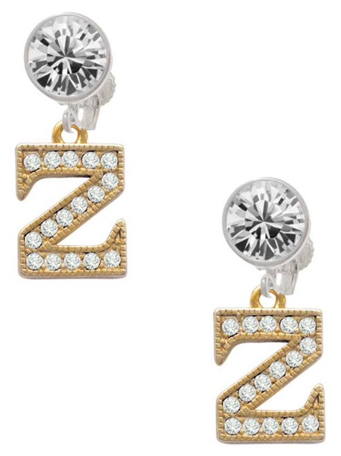 Gold-tone Crystal Initial - Z - Crystal Clip on Earrings: Color Choice - Red, Green, Blue, Purple, Pink, Clear, Black