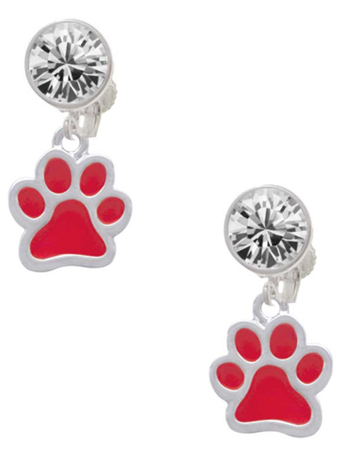 Silver Plated Medium Translucent Red Paw - Crystal Clip on Earrings: Color Choice - Red, Green, Blue, Purple, Pink, Clear, Black
