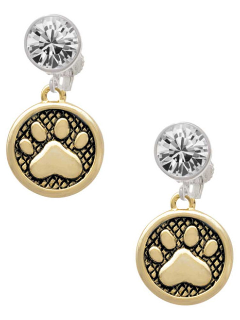 Gold-tone Paw in Circle - Crystal Clip on Earrings: Color Choice - Red, Green, Blue, Purple, Pink, Clear, Black