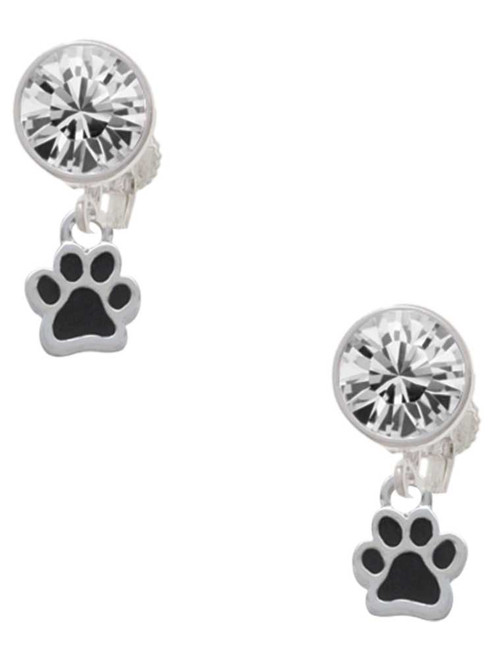 Silver Plated Mini Translucent Black Paw - Crystal Clip on Earrings: Color Choice - Red, Green, Blue, Purple, Pink, Clear, Black