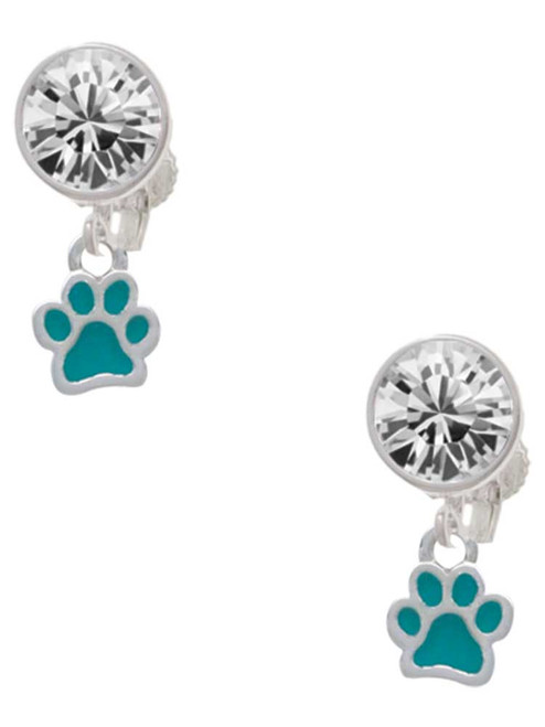 Silver Plated Mini Translucent Teal Paw - Crystal Clip on Earrings: Color Choice - Red, Green, Blue, Purple, Pink, Clear, Black