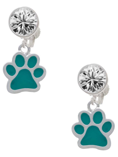 Silver Plated Medium Translucent Teal Paw - Crystal Clip on Earrings: Color Choice - Red, Green, Blue, Purple, Pink, Clear, Black