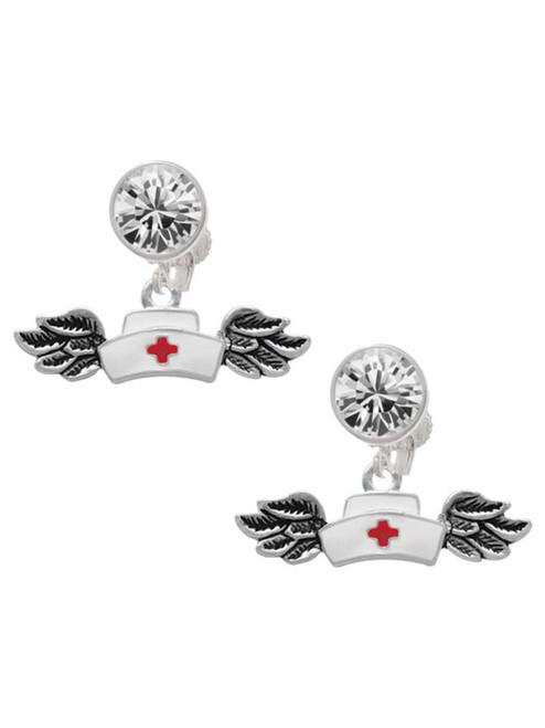 Silver Plated Enamel Nurse Hat with Wings - Crystal Clip on Earrings: Color Choice - Red, Green, Blue, Purple, Pink, Clear, Black