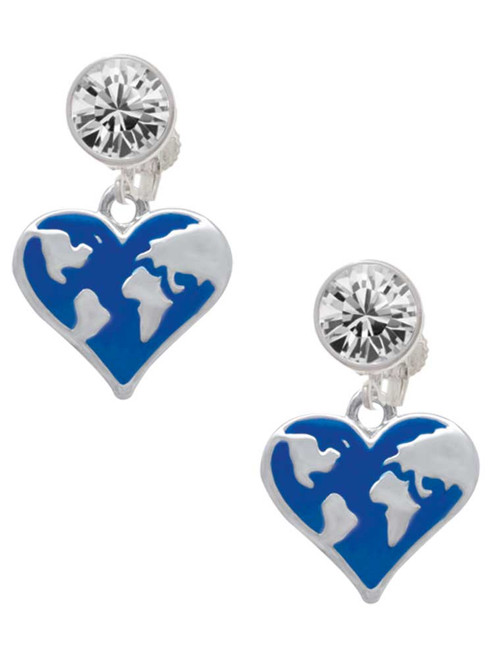 Silver Plated Enamel Earth Heart - Crystal Clip on Earrings: Color Choice - Red, Green, Blue, Purple, Pink, Clear, Black