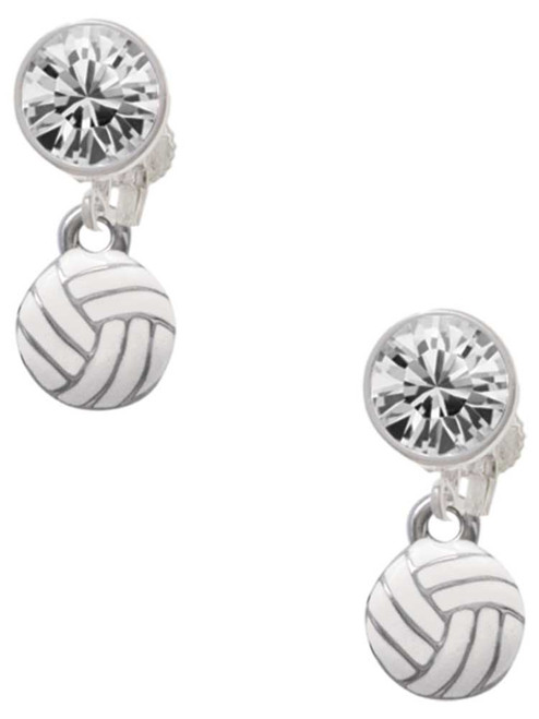 Silver Plated Mini White Volleyball - Crystal Clip on Earrings: Color Choice - Red, Green, Blue, Purple, Pink, Clear, Black